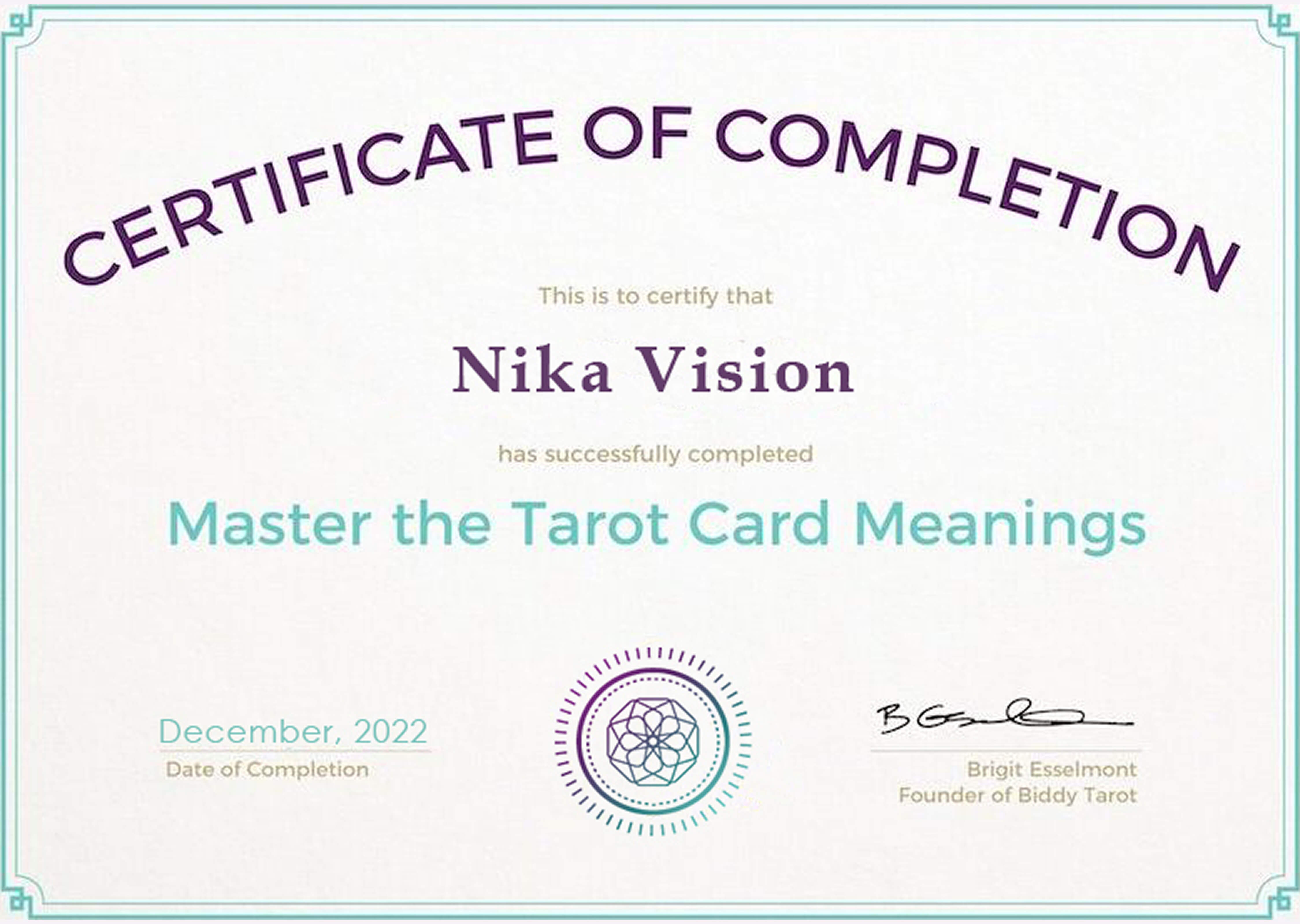 Certificate: Tarot Master by Biddy Tarot, DEC.2022