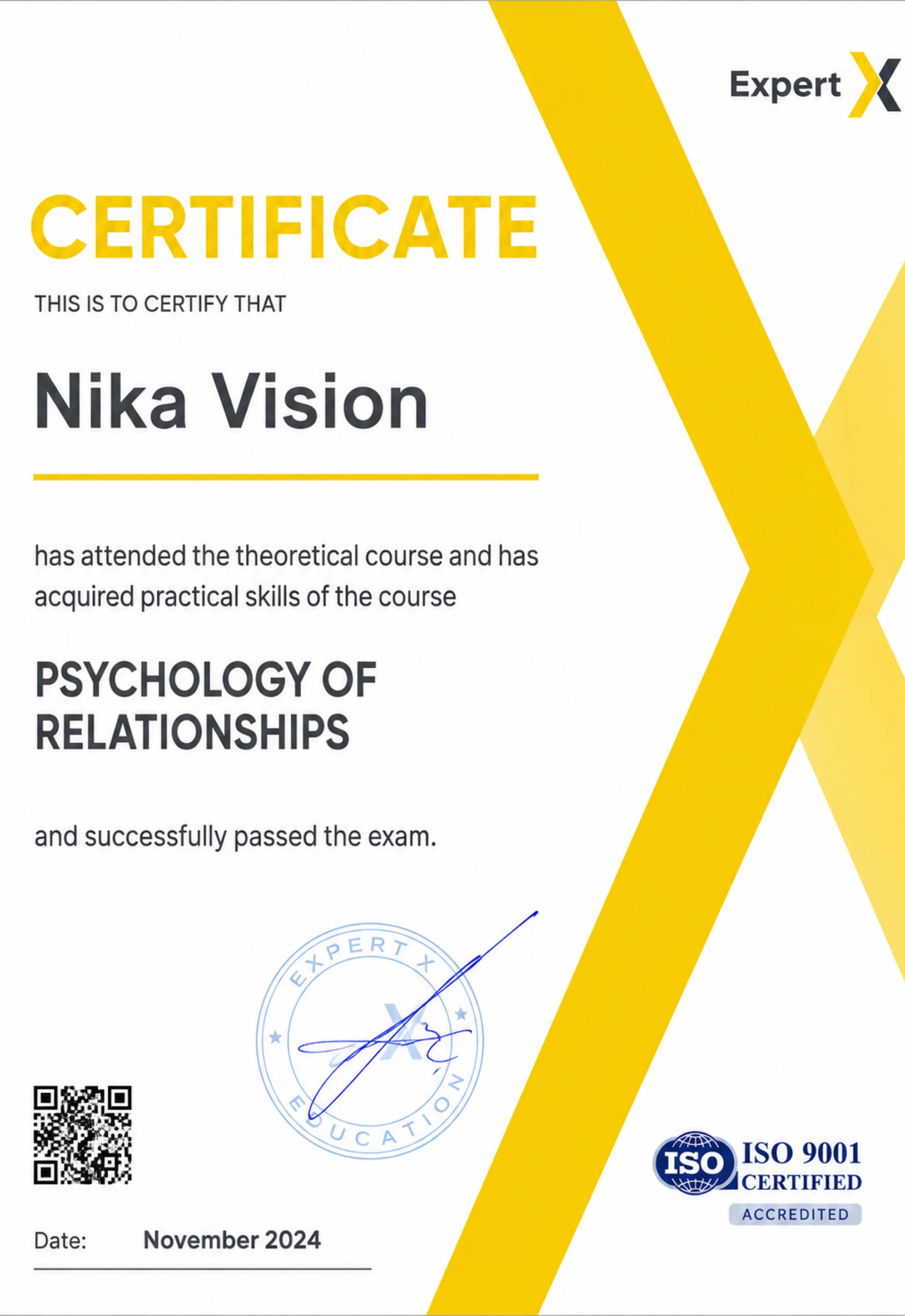 Certificate Expert: Психологія стосунків (Psychology of Relationships), NOV.2024